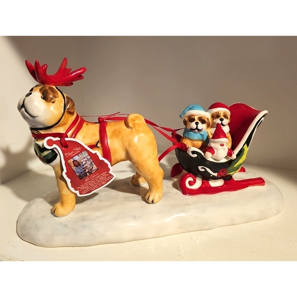Blue Sky Clayworks CHRISTMAS English Bulldog Pulling Sled Of Puppies. RARE.